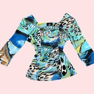Y2K Bold Print Euro Style Square Neck Fitted Top 3/4 Sleeves Size Medium
